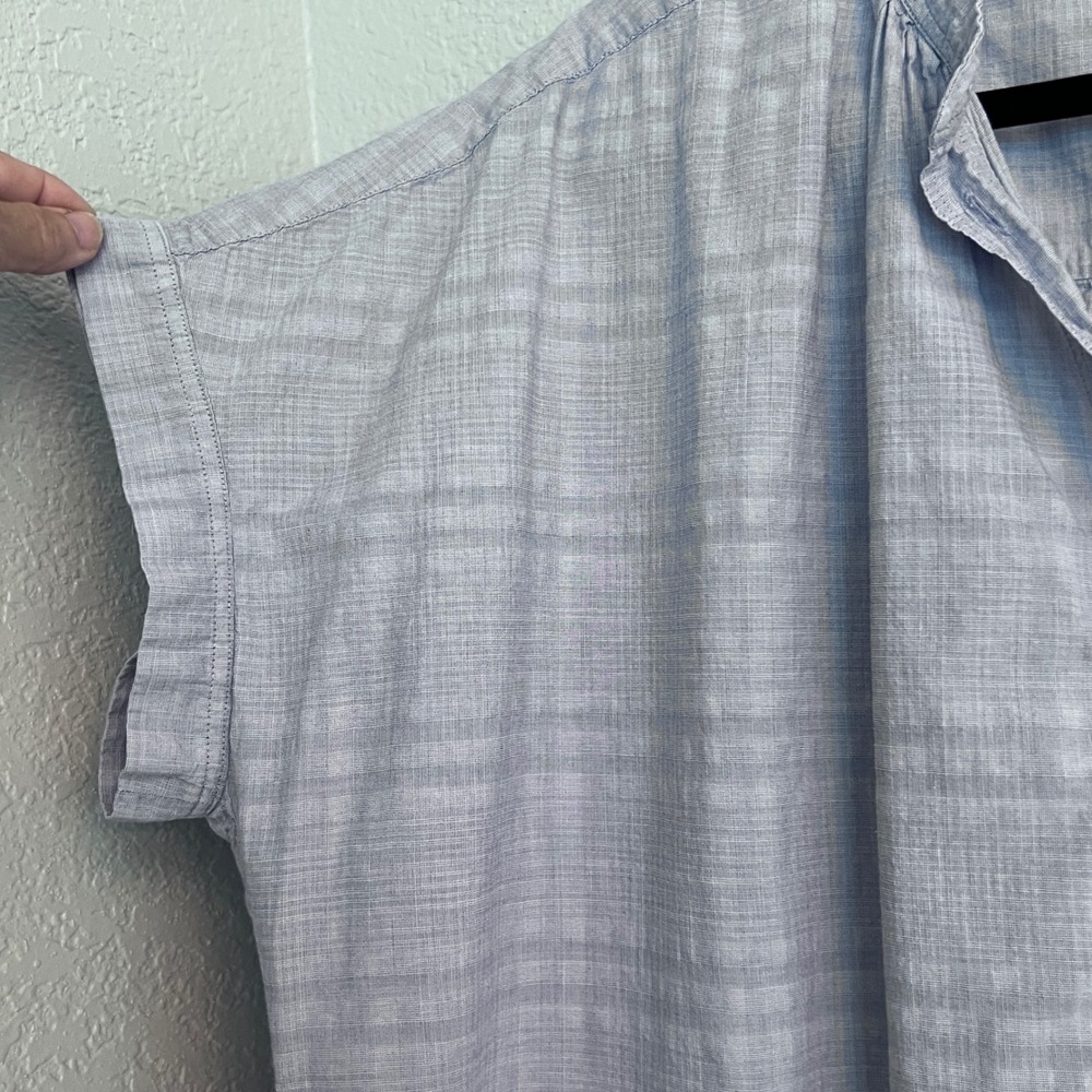 Uniqlo Womens XL Blue Plaid Cotton Henley Blouse Short Sleeve Band Collar Top - Picture 10 of 10